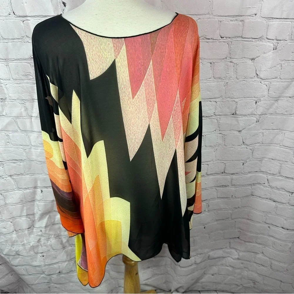 Multicolor sheer chiffon Abstract tunicTop kimono sleeve beach travel OS